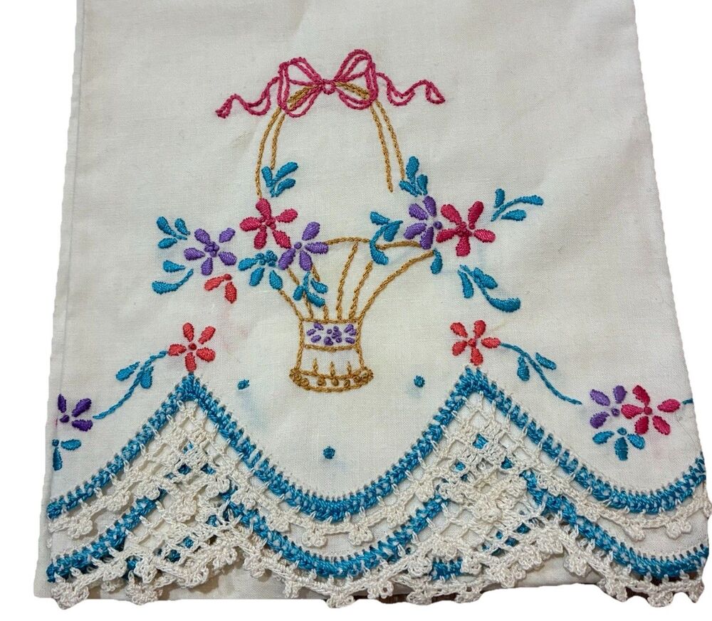 Single Vintage Pillowcase Embroidered Floral Crochet Lace 31” x 21” Cottagecore